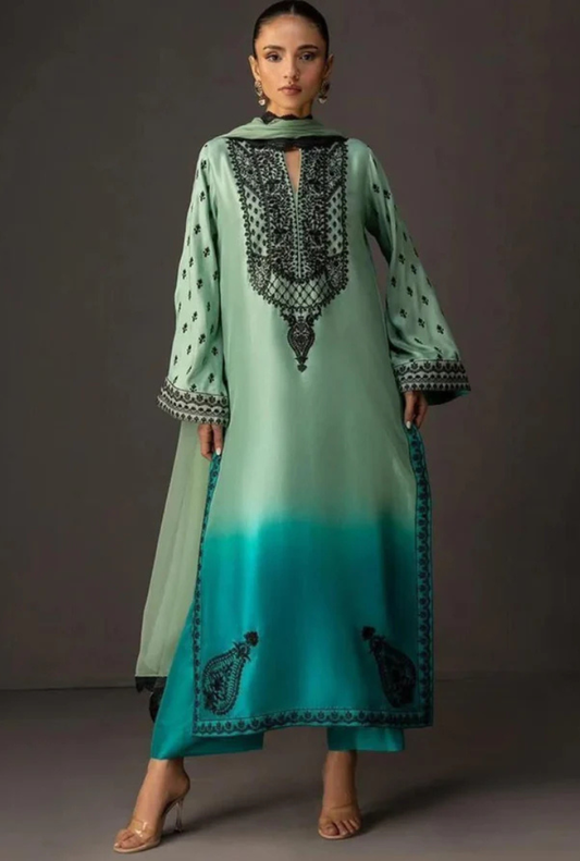 Sea Green Tie & Dye Digital Printed 3-Piece Suit – Shamooz Silk Elegance