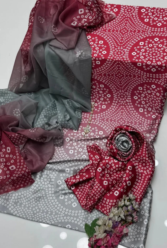 Red Tie & Dye Digital Printed 3PC Shamooz Silk Set