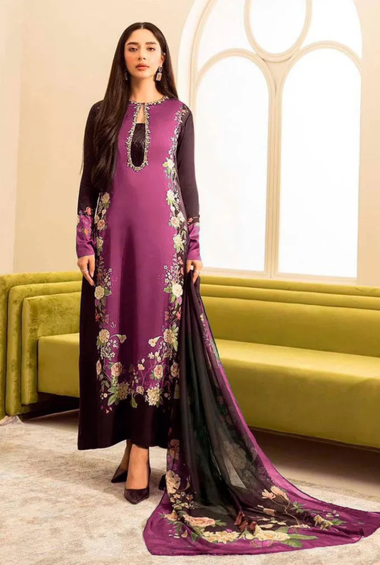 Purple Digital Printed 3PC Shamooz Silk Set