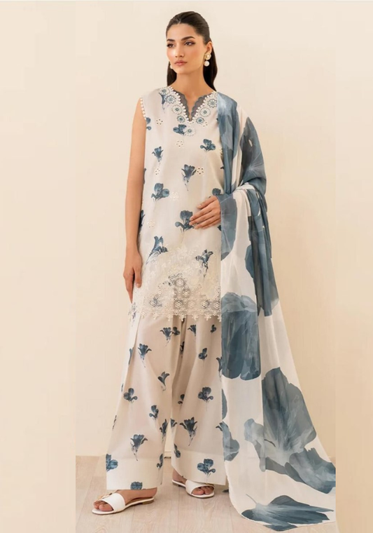 Iznik | 3pcs khaddar collection | broad and elongated flowers of cream / cobalt blue color