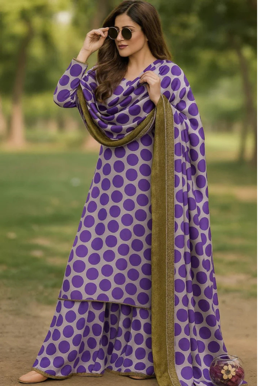 Purple  Printed 3-Piece Suit – Shamooz Silk Elegance