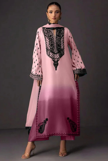 Pink Tie & Dye Digital Printed 3PC Shamooz Silk Set