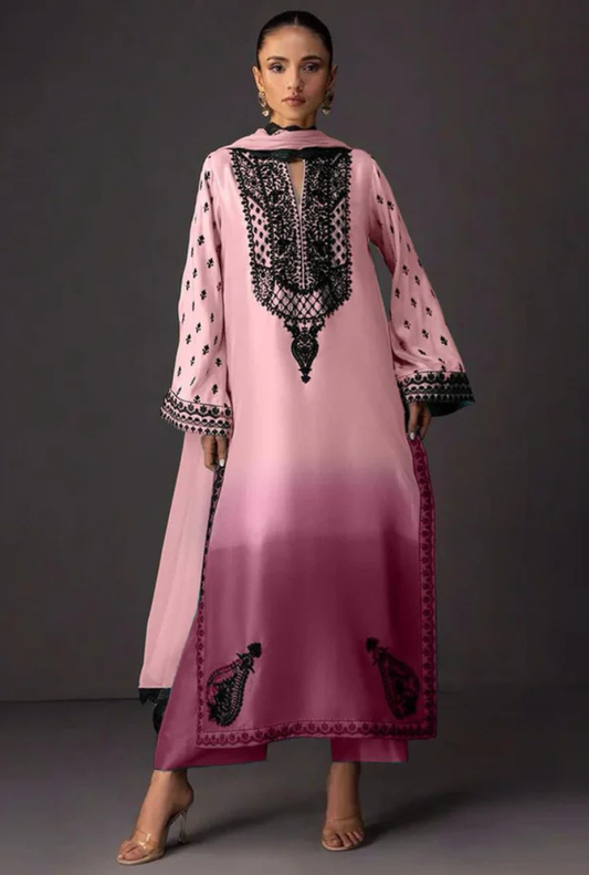 Pink Tie & Dye Digital Printed 3PC Shamooz Silk Set