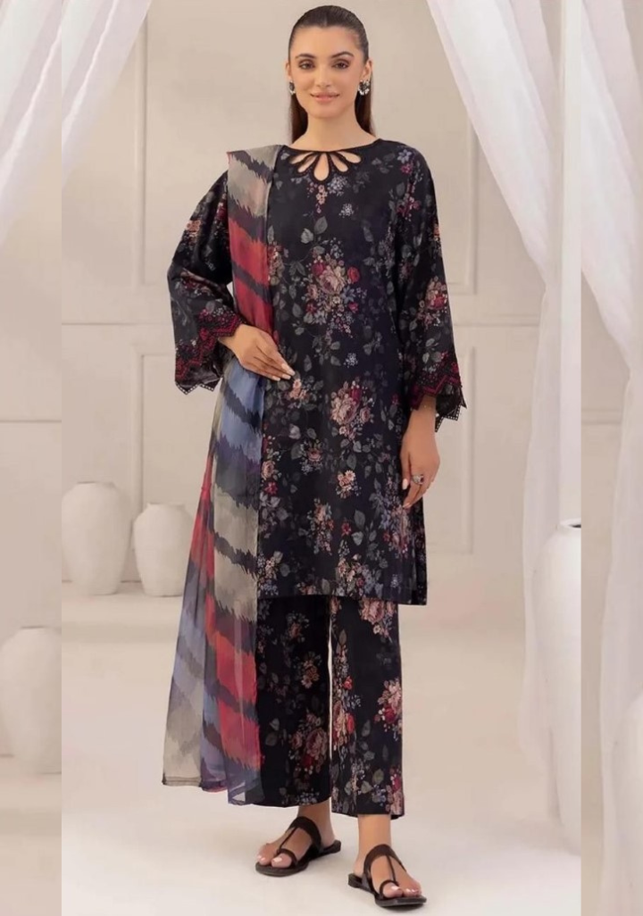 winter collection | Khaddar 2pcs | Sapphire | Black + multicolor dupatta