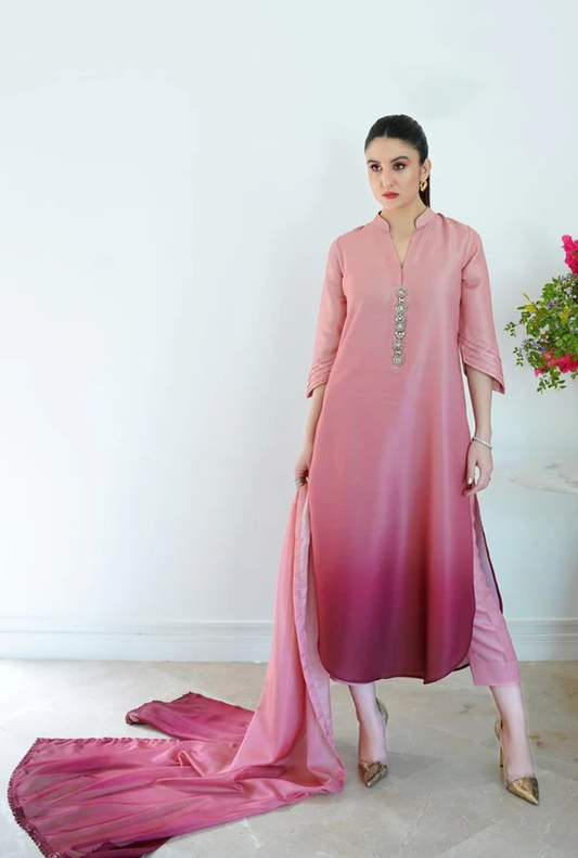 Pink Tie & Dye Digital Printed 3PC Shamooz Silk Set
