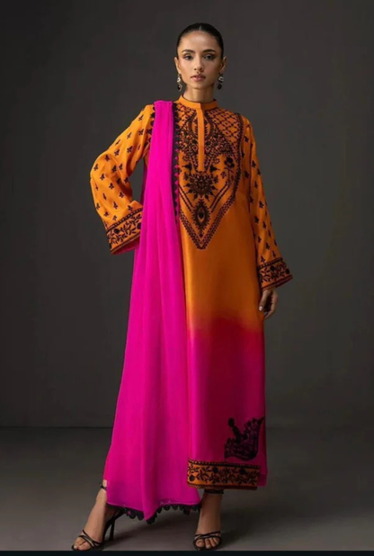 Orange Tie & Dye Digital Printed 3PC Shamooz Silk Set
