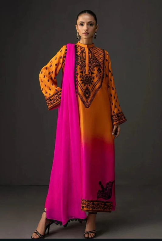 Orange Tie & Dye Digital Printed 3PC Shamooz Silk Set