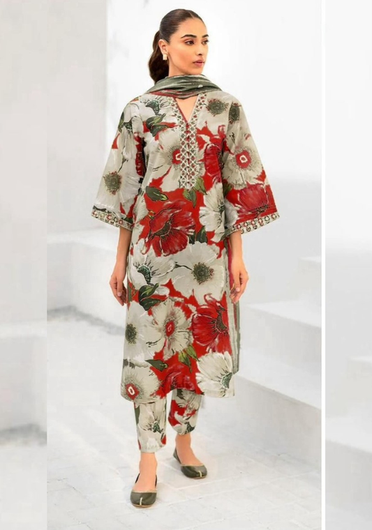 Iznik | 3pcs khaddar collection | Floral & abstract pattern of red/green/beige