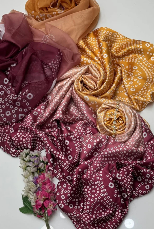 Maroon with Gold Tie & Dye Digital Printed 3PC Shamooz Silk Set