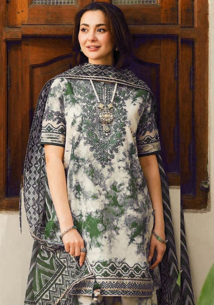 White with green texture | Premium Lawn Suit 3pc | Sapphire