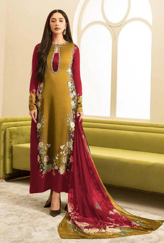 Maroon Digital Printed 3PC Shamooz Silk Set