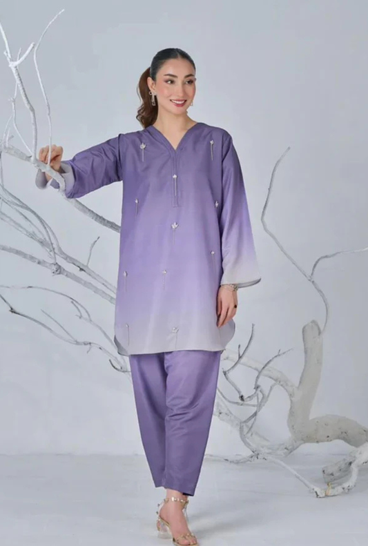 Light Purple Tie & Dye Digital Printed 3PC Shamooz Silk Set