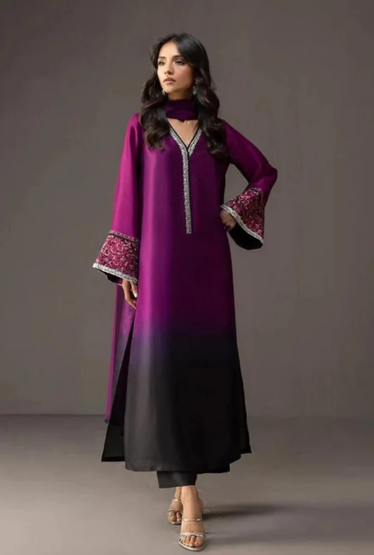 Dark purple Tie & Dye Digital Printed 3PC Shamooz Silk Set