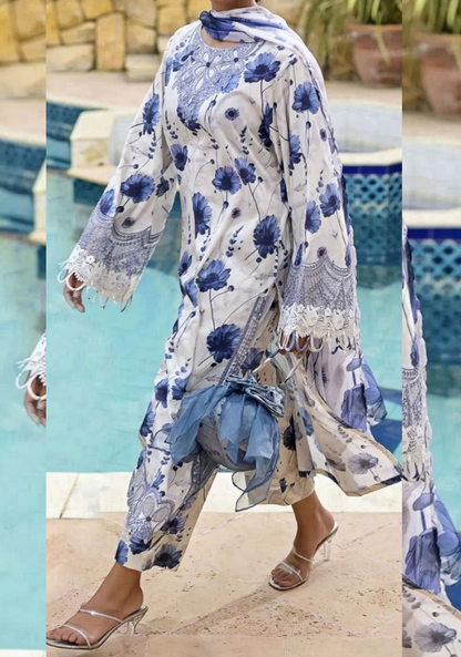 White and Blue | IZNIK | Premium Lawn Suit 3pc