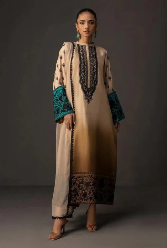 Bronze Tie & Dye Digital Printed 3PC Shamooz Silk Set
