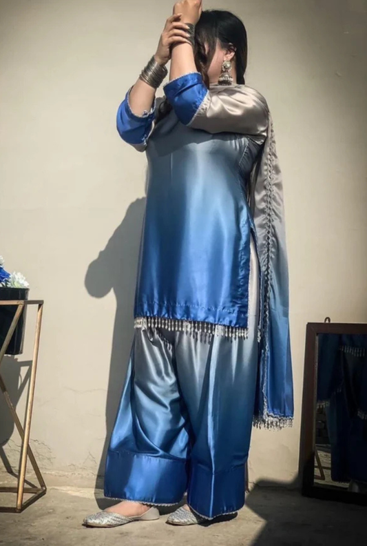 Blue with Grey Tie & Dye Digital Printed 3PC Shamooz Silk Set