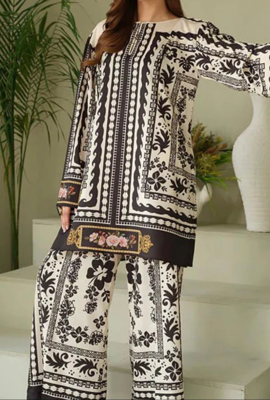 Black With White  Digital Printed 3PC Shamooz Silk Set