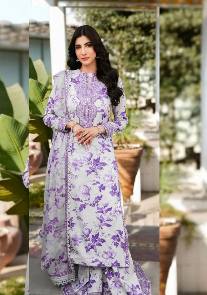 Aneela's khaddar collection | 3pcs suit | White & grape purple