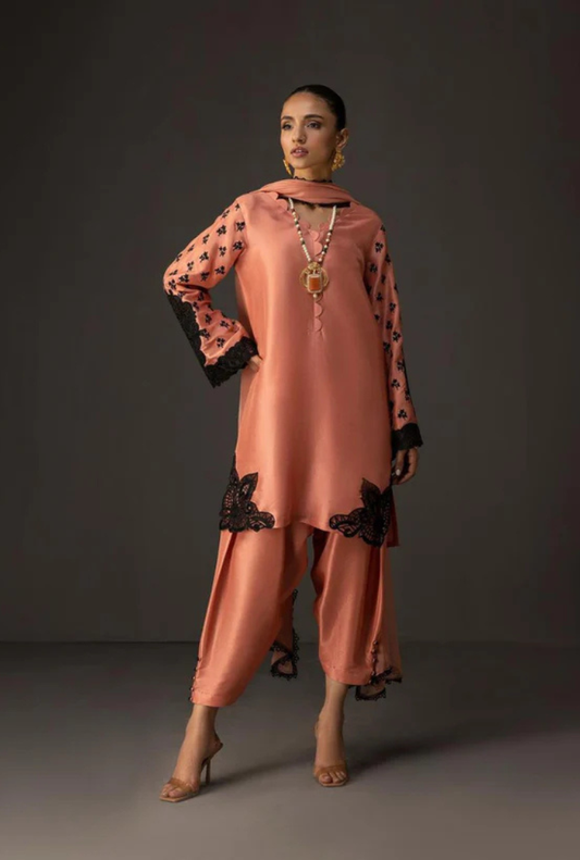 Black with orange Printed 3-Piece Suit – Shamooz Silk Elegance
