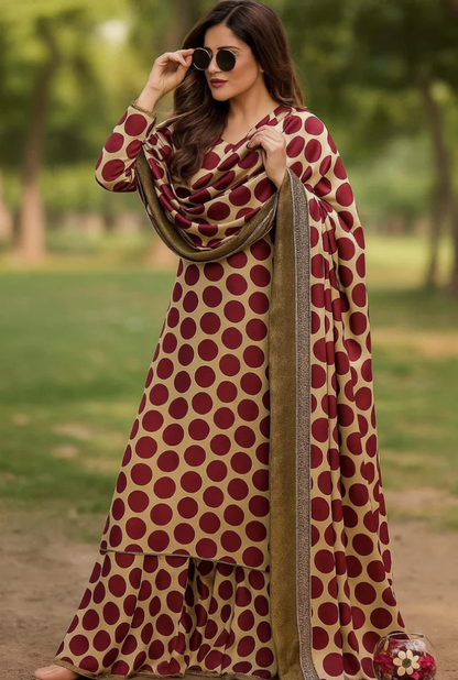 Beige with Maroon Tie & Dye Digital Printed 3-Piece Suit – Shamooz Silk Elegance