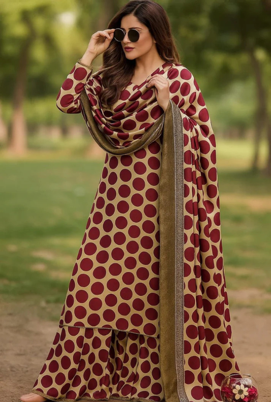 Beige with Maroon Tie & Dye Digital Printed 3-Piece Suit – Shamooz Silk Elegance