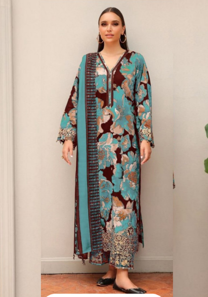 Skyblue with maroon touchup | Baroque Premium Lawn Suit 3pc