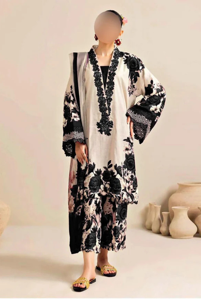 Beige with Black Printed 3-Piece Suit – Shamooz Silk Elegance