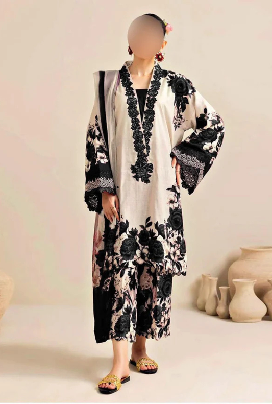 Beige with Black Printed 3-Piece Suit – Shamooz Silk Elegance