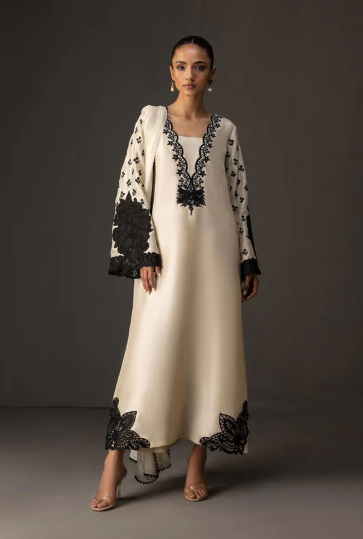 Beige with Black Digital Printed 3PC Shamooz Silk Set