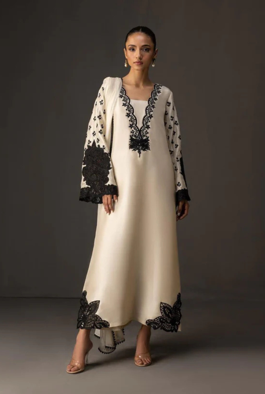 Beige with Black Digital Printed 3PC Shamooz Silk Set