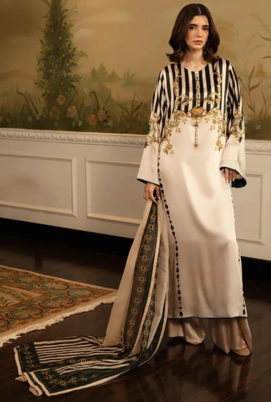 Beige Digital Printed 3PC Shamooz Silk Set