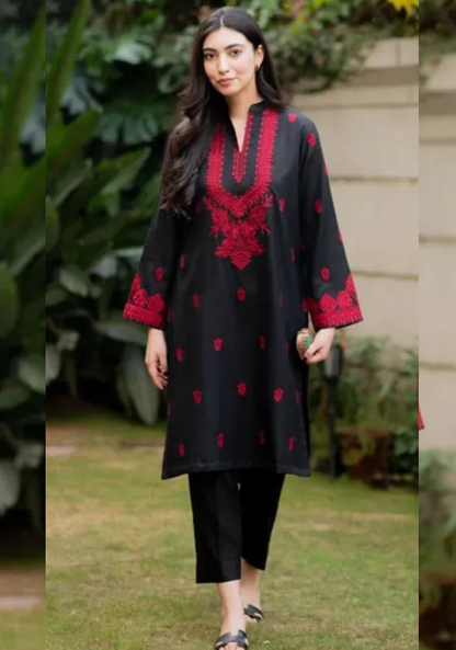 RAMSHAH Dhanak Embroidered 2-Piece Winter Suit – Elegant Embroidered Front & Sleeves with Dyed Trouser