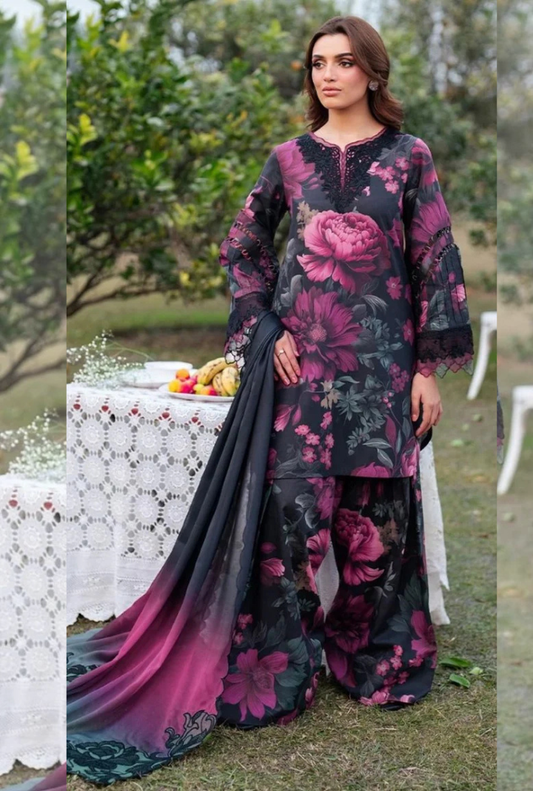 Black and pink flowers | Iznik Premium Lawn Suit 3pc