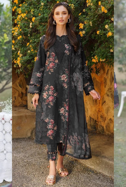 Black and orange Iznik Premium Lawn Suit 3pc
