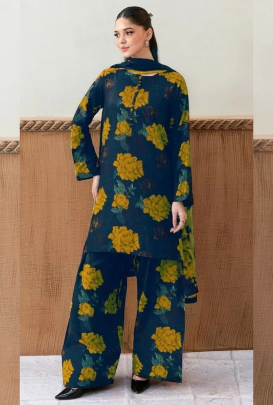 Dark blue and yellow Baroque Premium Lawn Suit 3pc