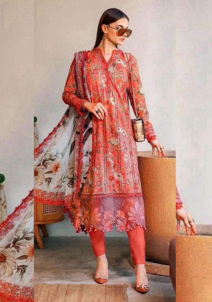 Peach and floral | Premium Lawn Suit 3pc -Maria.B