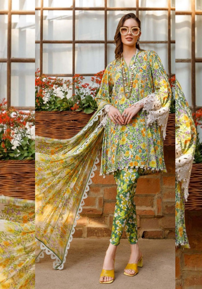 Light green with orange flowers |  Premium Lawn Suit 3pc | Maria.B