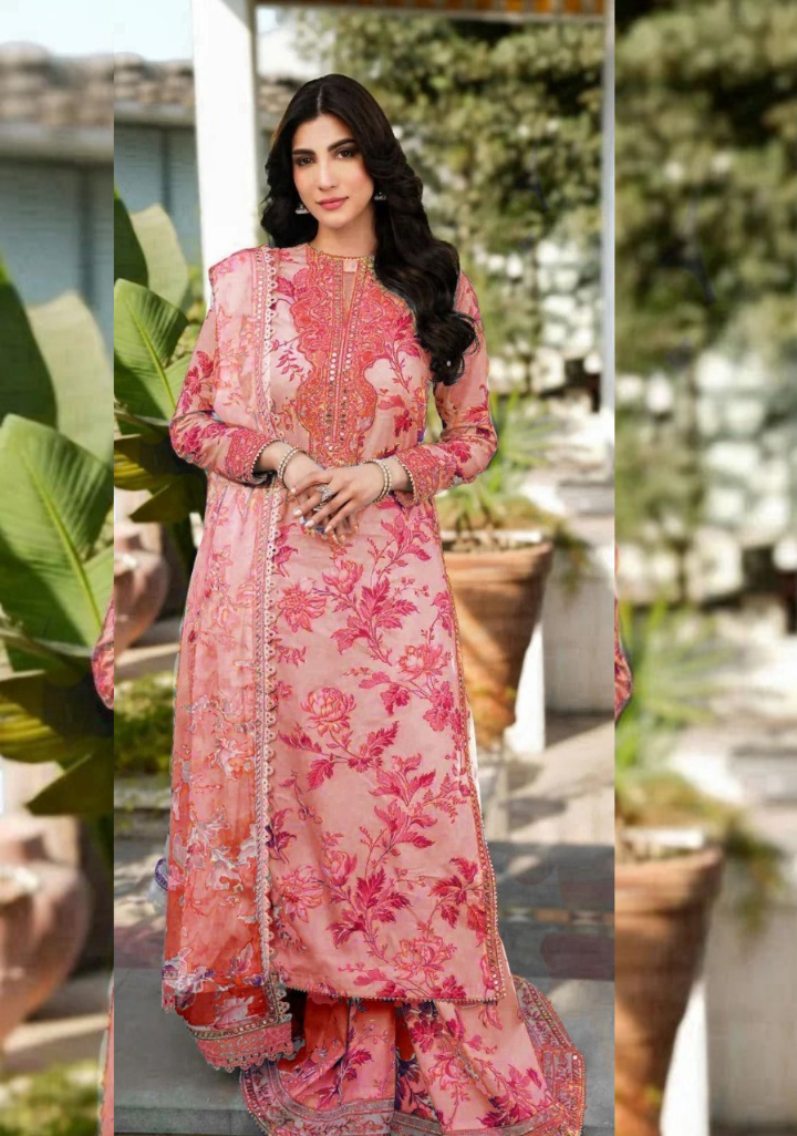 Aneela's | Pink floral pattern | Premium lawn suit 3pc