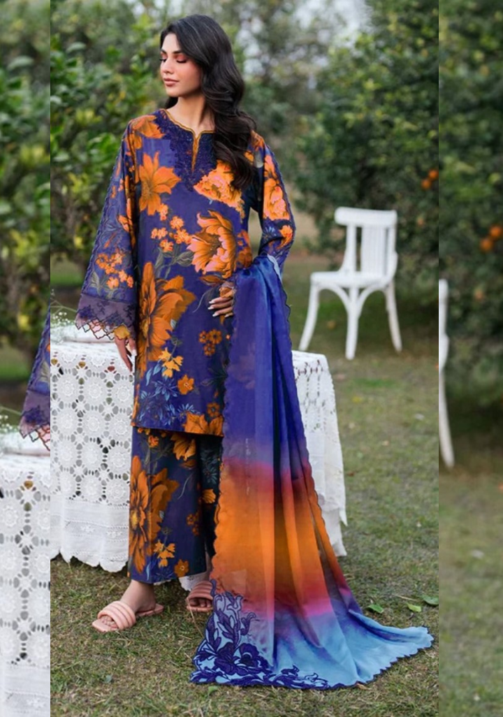 Purple and orange outspreaded flower pattern | Premium Lawn Suit 3pc | Iznik