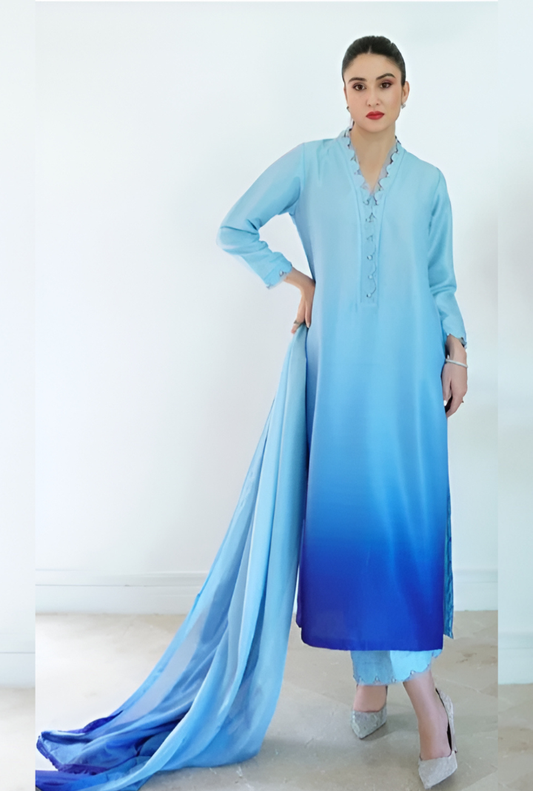 Sky blue Tie & Dye Digital Printed 3PC Shamooz Silk Set