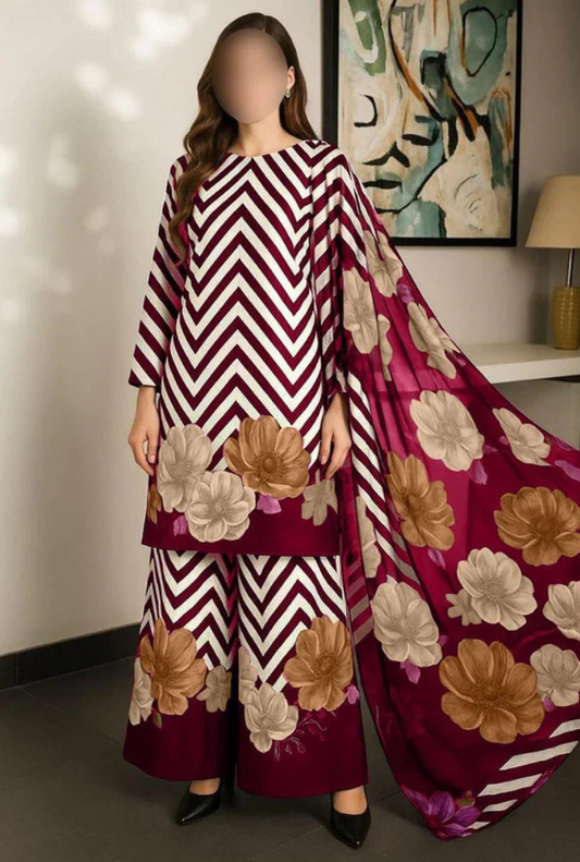White with Maroon Digital Printed 3PC Shamooz Silk Set