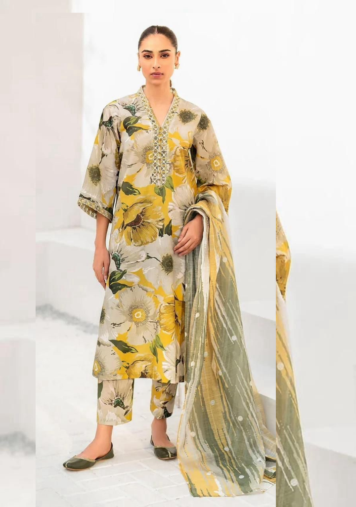 Yellow with leaves pattern | Maria.B | Khaddar 3pcs suit