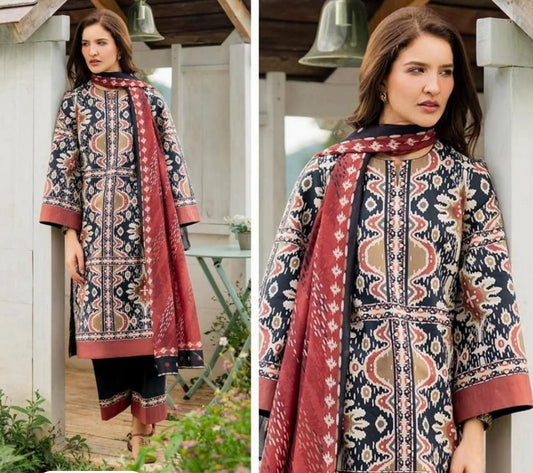 Dark blue Viscose 3-Piece Digital Printed Suit – Jazmin Winter Luxury Collection