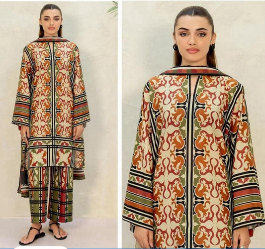 Beige printed  Viscose 3-Piece Suit – Jazmin Winter Collection | Digital Printed Luxury Outfit