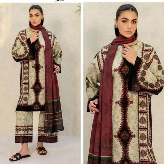 Maroon printed  Viscose 3-Piece Digital Printed Suit – Jazmin Winter Luxury Collection