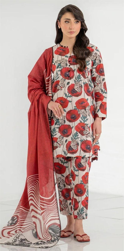 Ego Red Floral 3-Piece Unstitched Suit – Premium Printed Collection