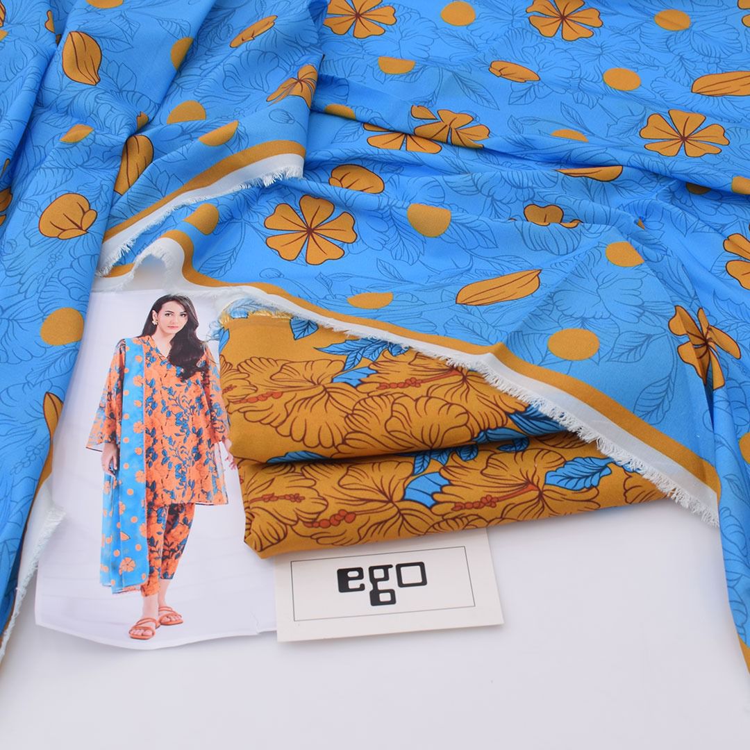 Ego Viscose 3-Piece Unstitched Suit –Mustad & blue  Floral Digital Printed Shirt, Trouser & Dupatta | Winter Collection 2025