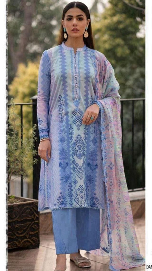 Light blue Orient 3-Piece Digital Printed Suit - Timeless Elegance