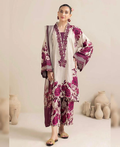 Dark pink with beige Printed 3-Piece Suit – Shamooz Silk Elegance