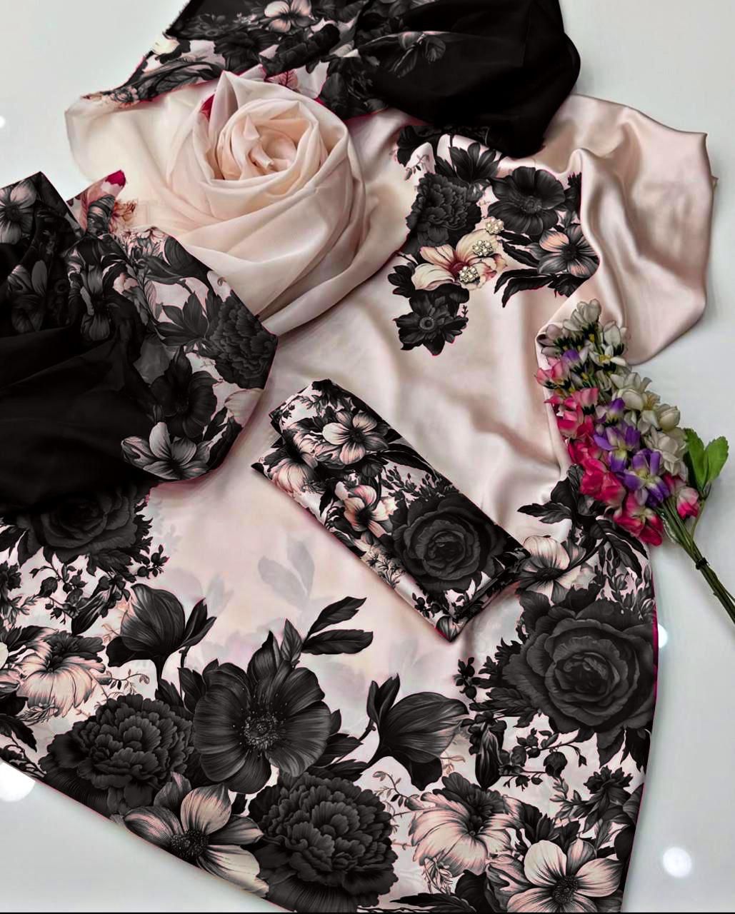 Beige with Black Printed 3-Piece Suit – Shamooz Silk Elegance